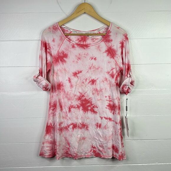 CALVIN KLEIN Pink Tie-Dye 3/4 Sleeve Scoop‎ Neck Tee Shirt T Top Size Small - Picture 1 of 11